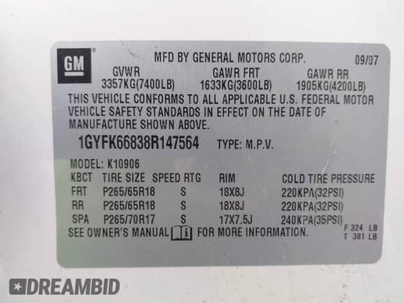 2008 Cadillac Escalade ESV с VIN 1GYFK66838R147564, выставлен на аукционе IAAI как лот 42555311 с пробегом 182 977 миль миль и . История ставок и продаж доступна на DreamBid. Изображение 9.