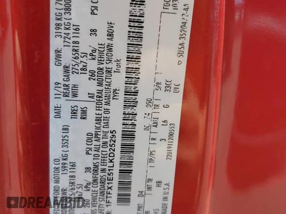 2020 Ford F-150 XL z VIN 1FTFX1E51LKD25295, wystawiony jako Copart lot #65079305 z przebiegiem 63 268 mil mil oraz Szkoda całkowita • Salvage title. Historia ofert i sprzedaży dostępna na DreamBid. Obrazek 12.