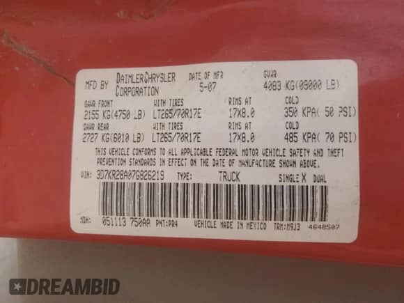 2007 Dodge 2500 SLT with VIN 3D7KR28A07G826219, listed as a Copart auction lot 50752995 with Not provided miles and Salvage title. Bid and sale history available at DreamBid. Image 12.