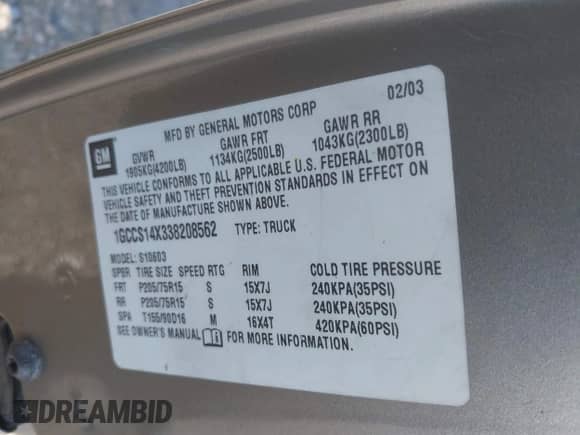 2003 Chevrolet S-10 with VIN 1GCCS14X338208562, listed as a IAAI auction lot 42887721 with 204,759 mi miles and . Bid and sale history available at DreamBid. Image 9.