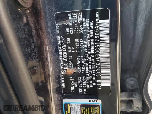 2012 Hyundai Santa Fe Limited with VIN 5XYZKDAG0CG129004, listed as a Copart auction lot 84159275 with Not provided miles and Clean title. Bid and sale history available at DreamBid. Image 13.