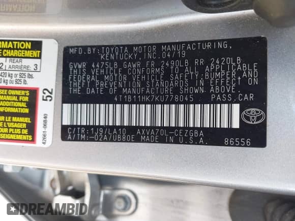 2019 Toyota Camry SE z VIN 4T1B11HK7KU778045, wystawiony jako IAAI lot #43079893 z przebiegiem 58 799 mil mil oraz . Historia ofert i sprzedaży dostępna na DreamBid. Obrazek 9.