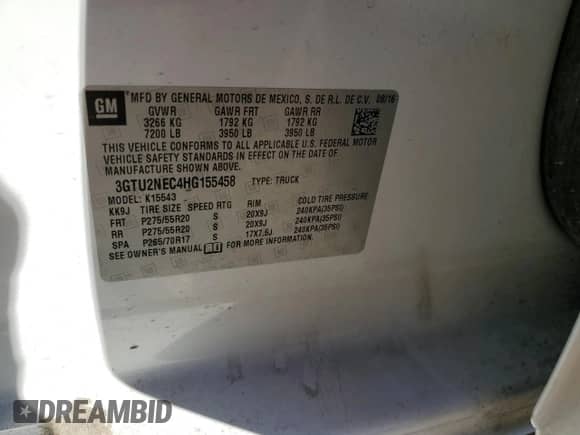 2017 GMC Sierra 1500 SLT with VIN 3GTU2NEC4HG155458, listed as a Copart auction lot 85938935 with 102,496 mi miles and Salvage title. Bid and sale history available at DreamBid. Image 13.