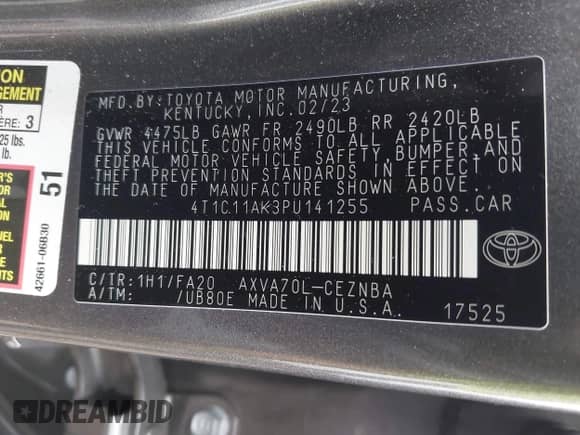 2023 Toyota Camry LE z VIN 4T1C11AK3PU141255, wystawiony jako IAAI lot #42938395 z przebiegiem 59 258 mil mil oraz . Historia ofert i sprzedaży dostępna na DreamBid. Obrazek 9.