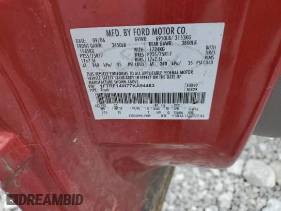 2007 Ford F-150 XL with VIN 1FTRF14W77KA94483, listed as a Copart auction lot 55228615 with 104,937 mi miles and Clean title. Bid and sale history available at DreamBid. Image 12.