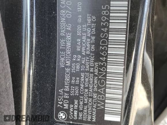 2003 BMW 7 Series 745Li with VIN WBAGN63463DS43985, listed as a Copart auction lot 55730445 with Not provided miles and Salvage title. Bid and sale history available at DreamBid. Image 12.