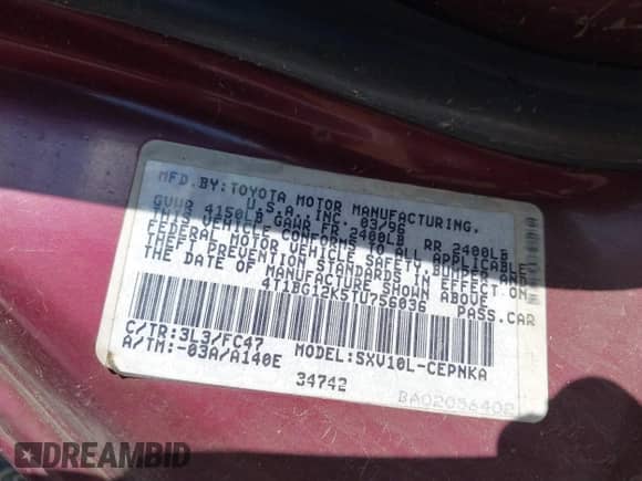 1996 Toyota Camry DX z VIN 4T1BG12K5TU756036, wystawiony jako IAAI lot #43304027 z przebiegiem 128 756 mil mil oraz . Historia ofert i sprzedaży dostępna na DreamBid. Obrazek 9.