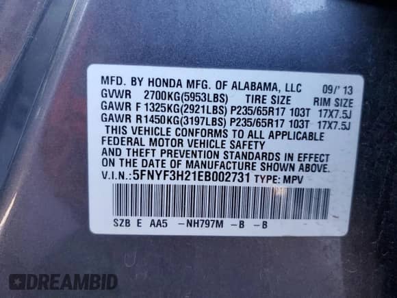 2014 Honda Pilot LX z VIN 5FNYF3H21EB002731, wystawiony jako Copart lot #65734565 z przebiegiem 204 201 mil mil oraz Szkoda całkowita • Salvage title. Historia ofert i sprzedaży dostępna na DreamBid. Obrazek 13.