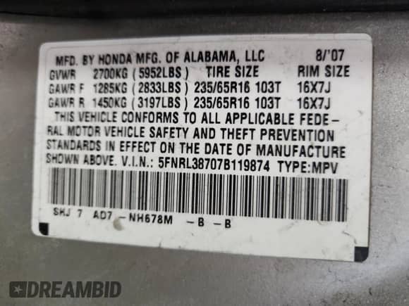 2007 Honda Odyssey EX-L с VIN 5FNRL38707B119874, выставлен на аукционе Copart как лот 82385185 с пробегом 221 416 миль миль и На запчасти • Non repairable. История ставок и продаж доступна на DreamBid. Изображение 14.