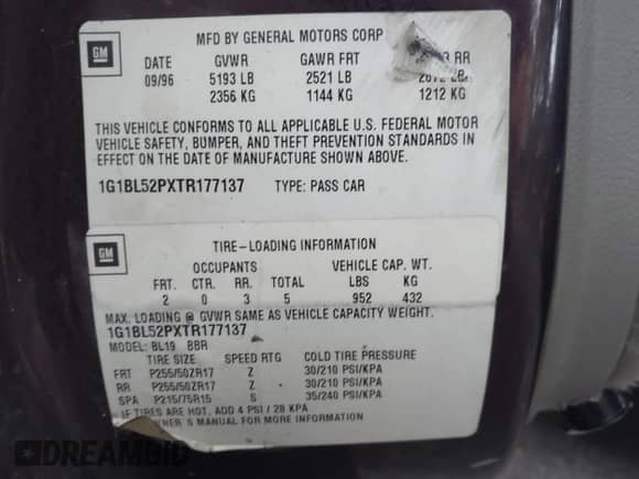 1996 Chevrolet Caprice 1SA Special Value с VIN 1G1BL52PXTR177137, выставлен на аукционе IAAI как лот 42901781 с пробегом Не указан миль и . История ставок и продаж доступна на DreamBid. Изображение 9.