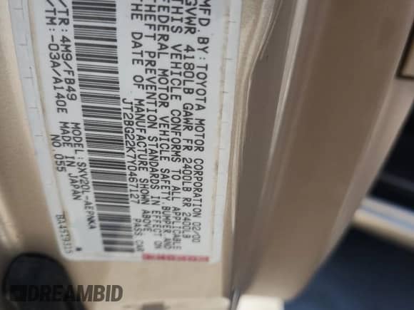 2000 Toyota Camry LE z VIN JT2BG22K7Y0467127, wystawiony jako Copart lot #84280225 z przebiegiem 118 606 mil mil oraz Szkoda całkowita • Salvage title. Historia ofert i sprzedaży dostępna na DreamBid. Obrazek 12.