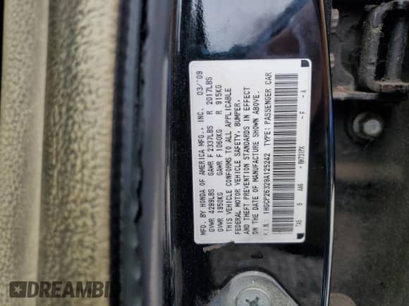 2009 Honda Accord LX with VIN 1HGCP26329A125242, listed as a Copart auction lot 87394775 with 239,497 mi miles and Clean title. Bid and sale history available at DreamBid. Image 12.