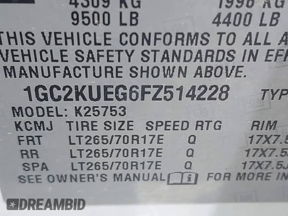 2015 Chevrolet Silverado 2500HD Work Truck z VIN 1GC2KUEG6FZ514228, wystawiony jako IAAI lot #42802030 z przebiegiem 149 209 mil mil oraz . Historia ofert i sprzedaży dostępna na DreamBid. Obrazek 9.