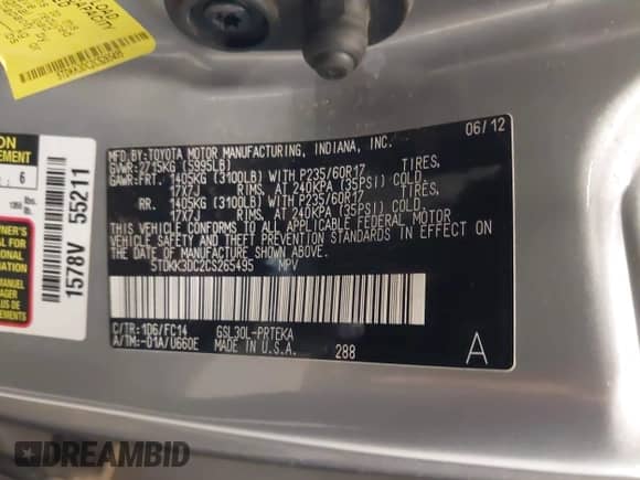 2012 Toyota Sienna LE AAS with VIN 5TDKK3DC2CS265495, listed as a IAAI auction lot 42890699 with 227,296 mi miles and . Bid and sale history available at DreamBid. Image 9.