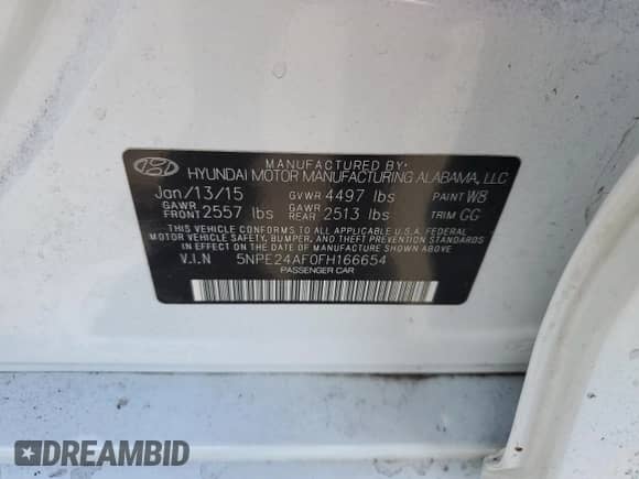 2015 Hyundai Sonata SE with VIN 5NPE24AF0FH166654, listed as a Copart auction lot 71295035 with 96,906 mi miles and Salvage title. Bid and sale history available at DreamBid. Image 13.