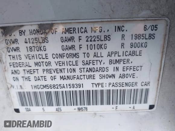 2005 Honda Accord EX-L with VIN 1HGCM56825A159391, listed as a IAAI auction lot 43511733 with 112,878 mi miles and . Bid and sale history available at DreamBid. Image 9.