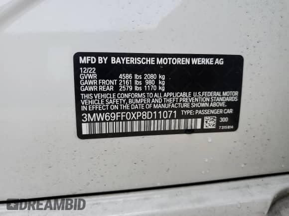 2023 BMW 3 Series 330i z VIN 3MW69FF0XP8D11071, wystawiony jako Copart lot #80536015 z przebiegiem 10 129 mil mil oraz Nie do naprawy • Non repairable. Historia ofert i sprzedaży dostępna na DreamBid. Obrazek 12.