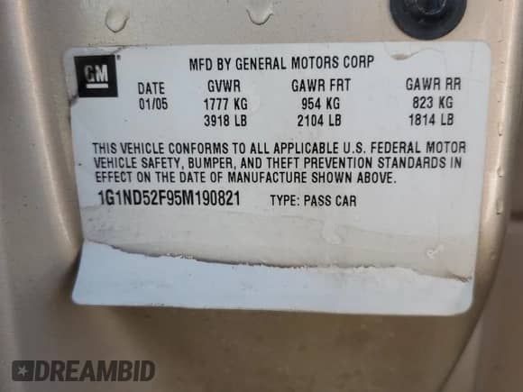 2005 Chevrolet Malibu Classic with VIN 1G1ND52F95M190821, listed as a Copart auction lot 60728755 with 187,612 mi miles and Salvage title. Bid and sale history available at DreamBid. Image 13.