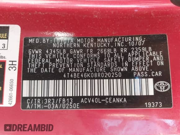 2008 Toyota Camry LE with VIN 4T4BE46K08R020250, listed as a IAAI auction lot 43289946 with 136,984 mi miles and . Bid and sale history available at DreamBid. Image 9.