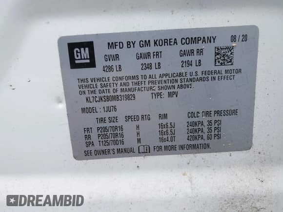 2021 Chevrolet Trax LS с VIN KL7CJKSB0MB319829, выставлен на аукционе IAAI как лот 43135654 с пробегом 83 296 миль миль и . История ставок и продаж доступна на DreamBid. Изображение 9.