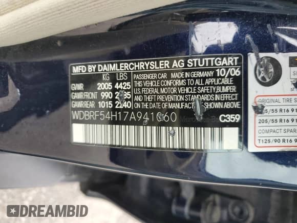 2007 Mercedes-Benz C 280 Luxury с VIN WDBRF54H17A941060, выставлен на аукционе Copart как лот 58136965 с пробегом 170 907 миль миль и Списание • Salvage title. История ставок и продаж доступна на DreamBid. Изображение 12.