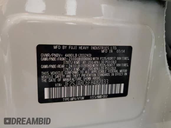 2015 Subaru Forester 2.5i с VIN JF2SJABC6FH482133, выставлен на аукционе Copart как лот 87218655 с пробегом 77 902 миль миль и Списание • Salvage title. История ставок и продаж доступна на DreamBid. Изображение 14.