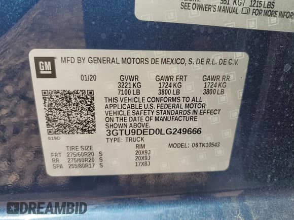 2020 GMC Sierra 1500 SLT with VIN 3GTU9DED0LG249666, listed as a Copart auction lot 67457805 with 88,809 mi miles and Salvage title. Bid and sale history available at DreamBid. Image 12.