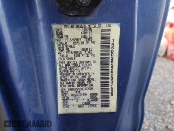 1999 Nissan Frontier XE z VIN 1N6DD26S2XC337625, wystawiony jako Copart lot #45607125 z przebiegiem 312 502 mil mil oraz Nie do naprawy • Non repairable. Historia ofert i sprzedaży dostępna na DreamBid. Obrazek 12.