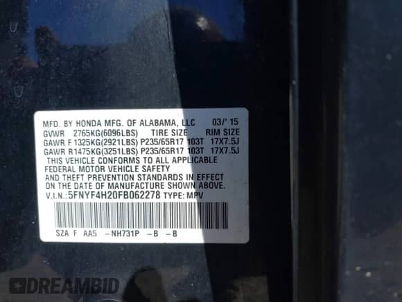 2015 Honda Pilot LX with VIN 5FNYF4H20FB062278, listed as a IAAI auction lot 43085775 with 123,443 mi miles and . Bid and sale history available at DreamBid. Image 9.