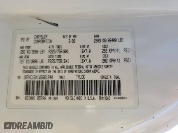 1998 Dodge 1500 с VIN 1B7HC16X1WS681240, выставлен на аукционе Copart как лот 69212144 с пробегом 265 624 миль миль и Списание • Salvage title. История ставок и продаж доступна на DreamBid. Изображение 12.