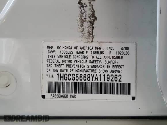 2000 Honda Accord EX with VIN 1HGCG5668YA119262, listed as a Copart auction lot 69171125 with 162,257 mi miles and Salvage title. Bid and sale history available at DreamBid. Image 12.