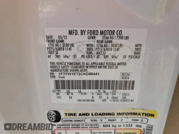 2012 Ford F-150 XL с VIN 1FTFW1ET2CKD88441, выставлен на аукционе Copart как лот 69252895 с пробегом 122 749 миль миль и Списание • Salvage title. История ставок и продаж доступна на DreamBid. Изображение 12.