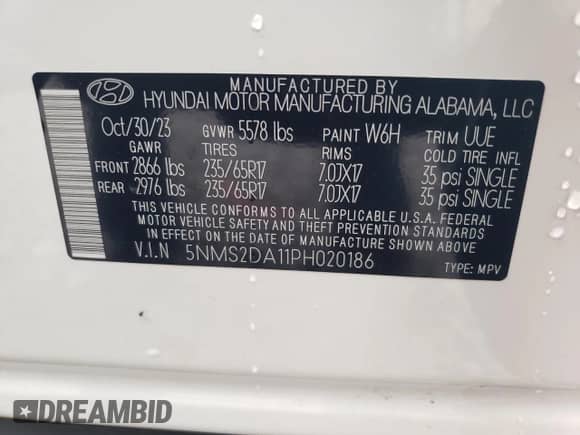 2023 Hyundai Santa Fe Blue with VIN 5NMS2DA11PH020186, listed as a Copart auction lot 57725695 with 10,968 mi miles and Salvage title. Bid and sale history available at DreamBid. Image 12.