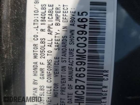 1991 Honda Accord LX z VIN JHMCB7659MC039465, wystawiony jako Copart lot #55810155 z przebiegiem 206 192 mil mil oraz Szkoda całkowita • Salvage title. Historia ofert i sprzedaży dostępna na DreamBid. Obrazek 12.