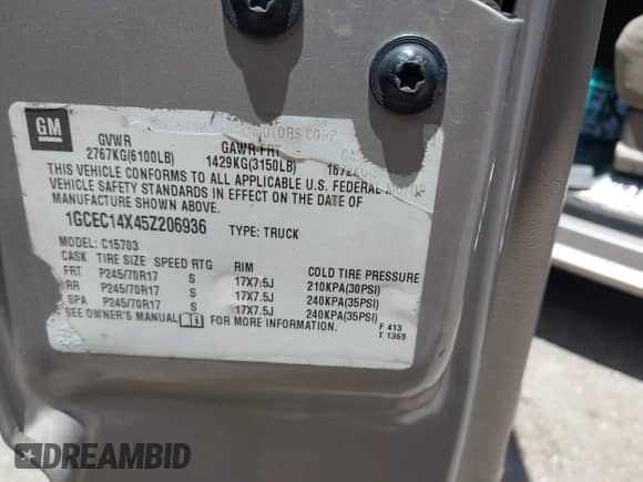 2005 Chevrolet Silverado 1500 Work Truck with VIN 1GCEC14X45Z206936, listed as a IAAI auction lot 42774445 with Not provided miles and . Bid and sale history available at DreamBid. Image 9.
