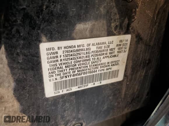 2015 Honda Pilot EX-L с VIN 5FNYF4H56FB016044, выставлен на аукционе Copart как лот 69459865 с пробегом 123 456 миль миль и Списание • Salvage title. История ставок и продаж доступна на DreamBid. Изображение 14.