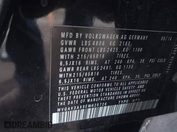 2014 Volkswagen Tiguan SEL with VIN WVGAV3AX9EW625726, listed as a IAAI auction lot 42401853 with 145,082 mi miles and . Bid and sale history available at DreamBid. Image 9.