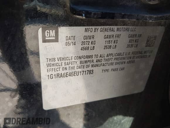 2014 Chevrolet Volt with VIN 1G1RA6E46EU171783, listed as a IAAI auction lot 43411782 with 149,536 mi miles and . Bid and sale history available at DreamBid. Image 9.