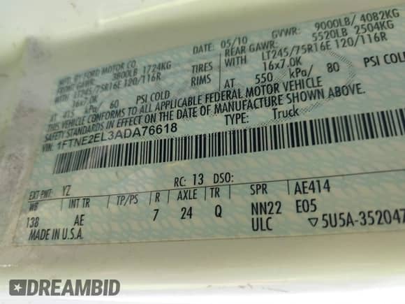 2010 Ford Econoline Cargo Commercial with VIN 1FTNE2EL3ADA76618, listed as a IAAI auction lot 42181759 with 240,124 mi miles and . Bid and sale history available at DreamBid. Image 9.