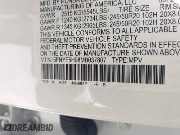 2021 Honda Pilot Touring 8-Passenger z VIN 5FNYF5H98MB037807, wystawiony jako IAAI lot #42136047 z przebiegiem 80 990 mil mil oraz . Historia ofert i sprzedaży dostępna na DreamBid. Obrazek 9.