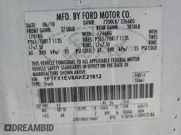 2010 Ford F-150 XL with VIN 1FTFX1EV8AKE21812, listed as a Copart auction lot 71583435 with 244,496 mi miles and Salvage title. Bid and sale history available at DreamBid. Image 12.
