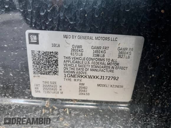 2019 Chevrolet Traverse Premier with VIN 1GNERKKWXKJ172792, listed as a Copart auction lot 62293535 with 58,499 mi miles and Salvage title. Bid and sale history available at DreamBid. Image 13.