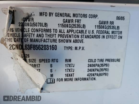 2005 Chevrolet Equinox LT z VIN 2CNDL63F856203160, wystawiony jako Copart lot #62711814 z przebiegiem Nie podano mil oraz Nie do naprawy • Non repairable. Historia ofert i sprzedaży dostępna na DreamBid. Obrazek 16.