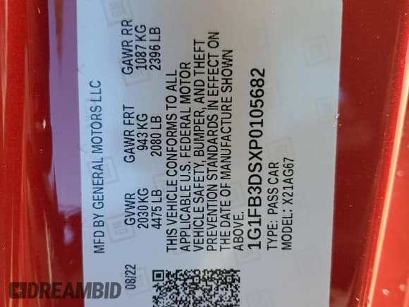 2023 Chevrolet Camaro 1LT z VIN 1G1FB3DSXP0105682, wystawiony jako Copart lot #80030734 z przebiegiem 10 955 mil mil oraz Szkoda całkowita • Salvage title. Historia ofert i sprzedaży dostępna na DreamBid. Obrazek 12.