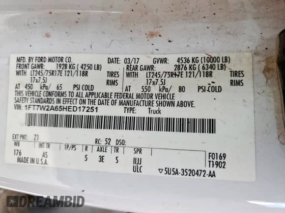 2017 Ford F-250 XL с VIN 1FT7W2A65HED17251, выставлен на аукционе Copart как лот 69342215 с пробегом Не указан миль и На запчасти • Non repairable. История ставок и продаж доступна на DreamBid. Изображение 12.