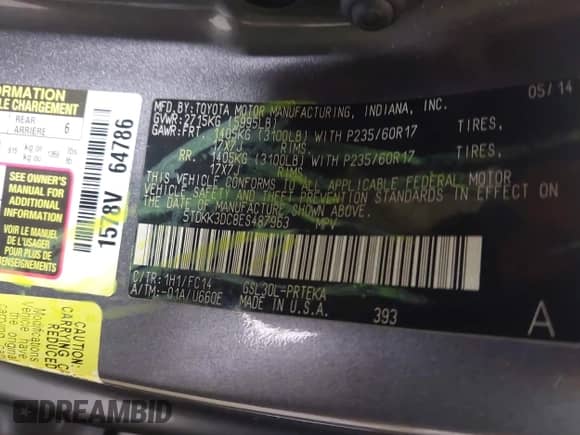 2014 Toyota Sienna LE AAS with VIN 5TDKK3DC8ES487963, listed as a IAAI auction lot 43192797 with 229,003 mi miles and . Bid and sale history available at DreamBid. Image 9.