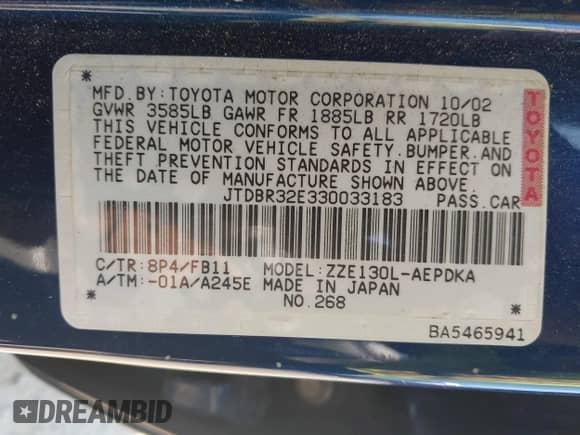 2003 Toyota Corolla LE with VIN JTDBR32E330033183, listed as a IAAI auction lot 42861267 with 241,906 mi miles and . Bid and sale history available at DreamBid. Image 9.