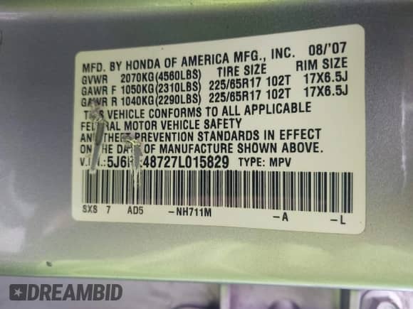 2007 Honda CR-V EX-L with VIN 5J6RE48727L015829, listed as a IAAI auction lot 43087900 with 157,734 mi miles and . Bid and sale history available at DreamBid. Image 9.