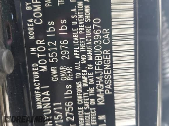 2011 Hyundai Equus Ultimate с VIN KMHGH4JF6BU039670, выставлен на аукционе Copart как лот 71631415 с пробегом 112 456 миль миль и Списание • Salvage title. История ставок и продаж доступна на DreamBid. Изображение 12.