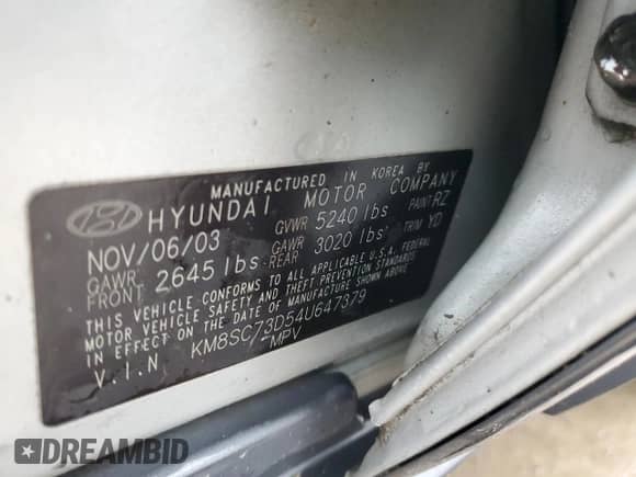 2004 Hyundai Santa Fe GLS с VIN KM8SC73D54U647379, выставлен на аукционе Copart как лот 83947084 с пробегом 190 925 миль миль и На запчасти • Non repairable. История ставок и продаж доступна на DreamBid. Изображение 13.